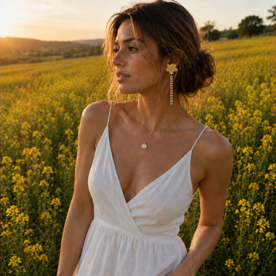 Mulher com vestido branco e brincos dourados em campo de flores amarelas ao pôr do sol