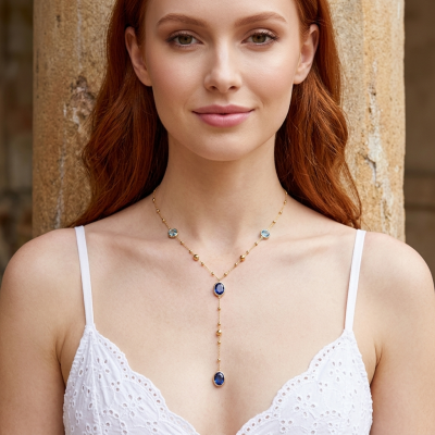 Colar dourado com pedras azuis usado por mulher com vestido branco