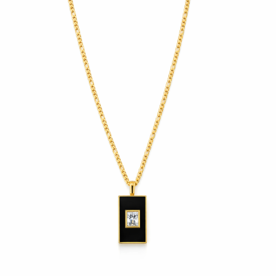 Colar dourado com pendente retangular preto e pedra branca