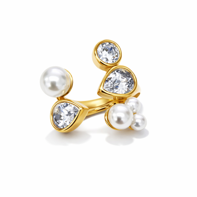 Anel dourado com pedras cristais e pérolas