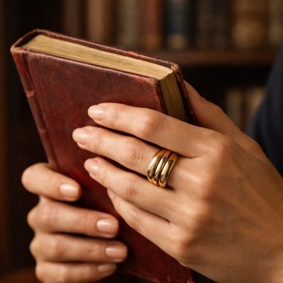 Mãos com anel dourado segurando livro de capa vermelha de couro