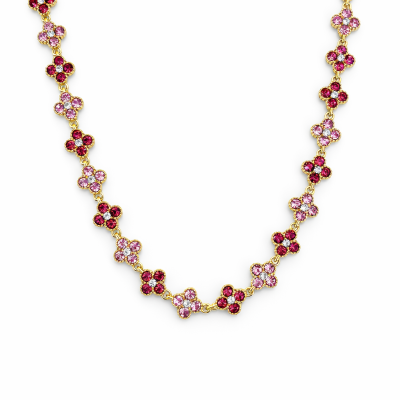 Colar dourado com flores de cristais rosa e vermelho