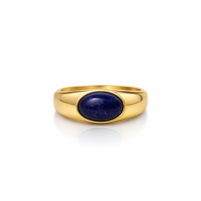 Anel dourado com pedra oval azul escura