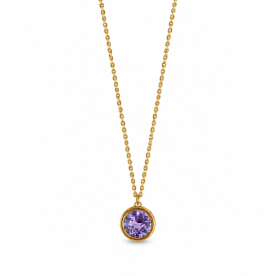 Colar dourado com pendente redondo e pedra roxa