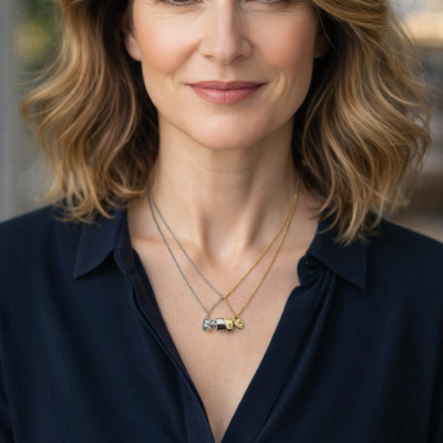 Mulher com colares de doces em prata e dourado e camisa azul escura