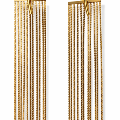 Par de brincos dourados com correntes e barra curva