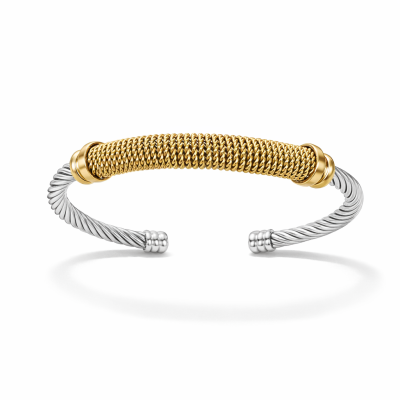 Pulseira rígida aberta com detalhe dourado e metal torcido prateado