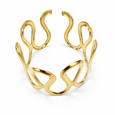 Pulseira dourada de metal com design ondulado aberto