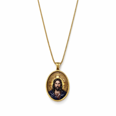 Colar dourado com pendente oval com figura masculina pintada
