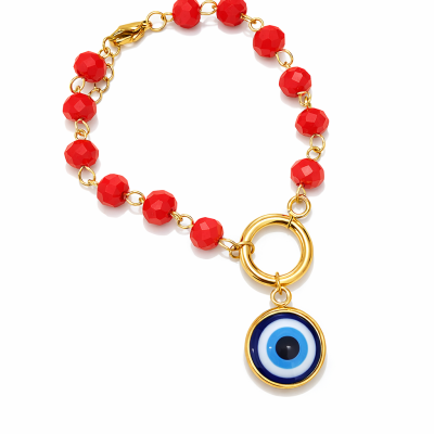 Pulseira com contas vermelhas e pendente olho azul