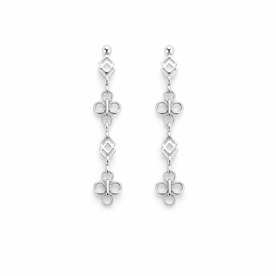 Brincos pendentes em metal prateado com design geométrico e floral