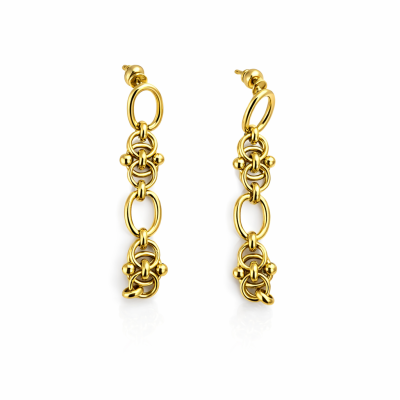 Brincos dourados em elos ovais e redondos com detalhes esféricos