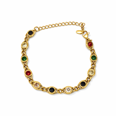 Pulseira dourada com pedras coloridas e fecho de lagosta