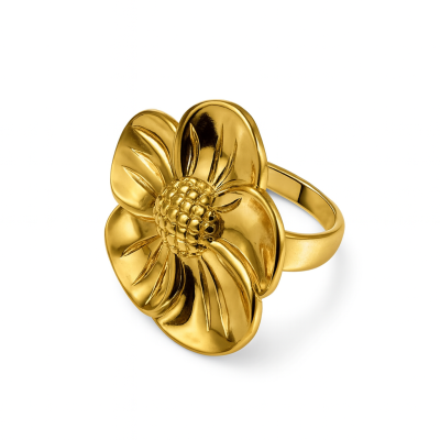 Anel dourado em forma de flor com pétalas e centro texturizado