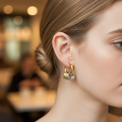 Brincos de argola dourada com pendentes prateados na orelha de mulher