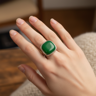 Anel com pedra verde quadrada e borda prateada no dedo médio de mão feminina