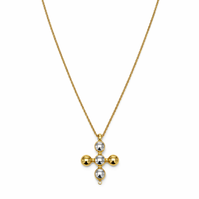 Colar dourado com pendente cruz de bolas douradas e prateadas