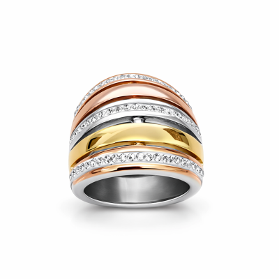 Anel largo em dourado, prata e rose gold com cristais transparentes