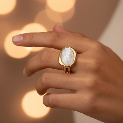 Anel dourado com pedra branca em madrepérola num dedo