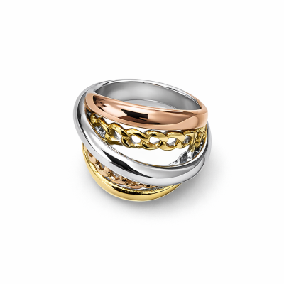 Conjunto de três anéis entrelaçados em diferentes acabamentos metálicos