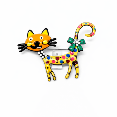 Broche em forma de gato colorido com laço verde e brilhantes