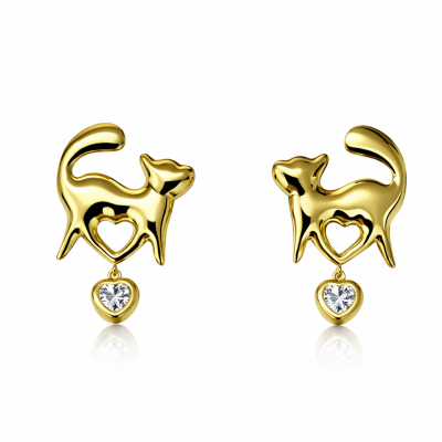 Brincos dourados em forma de gato com coração