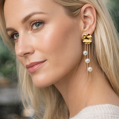 Brincos pendentes dourados com três pérolas brancas