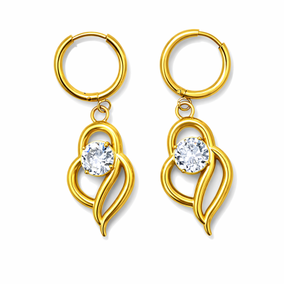 Brincos de argola dourados com pendente de coração e pedra brilhante