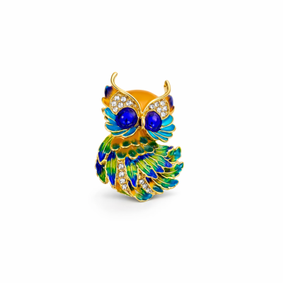 Broche de coruja colorido com pedras brilhantes