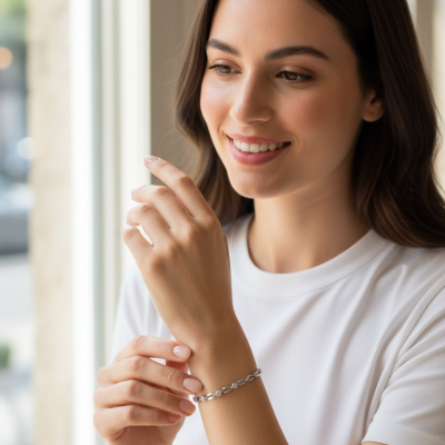 Pulseira feminina prateada com pedras brilhantes no pulso