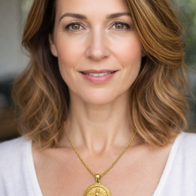 Colar dourado com pendente redondo gravado usado por mulher