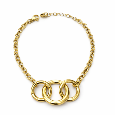 Pulseira dourada em metal com três anéis entrelaçados