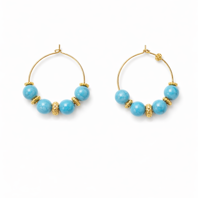 Brincos argola com contas azuis e detalhes dourados