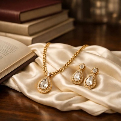 Conjunto de joias dourado com pedras transparentes em forma de lágrima sobre tecido branco.