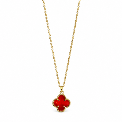 Colar dourado com pendente vermelho em forma de trevo