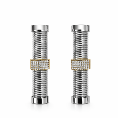 Par de brincos cilíndricos prateados com faixa dourada e pedras brilhantes