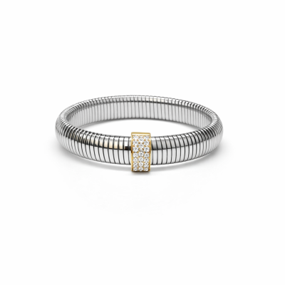 Pulseira metálica prateada com detalhe dourado e pedras brilhantes