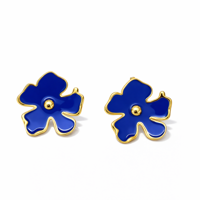 Brincos flor azul com contornos dourados e botão dourado no centro