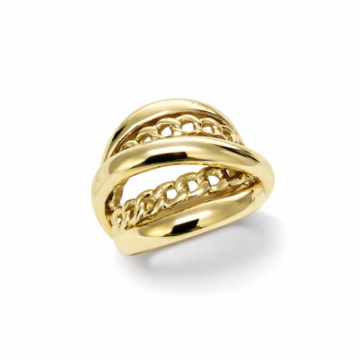 Anel dourado com elos de corrente e bandas lisas polidas