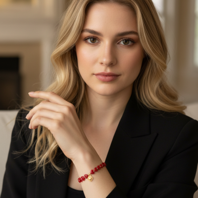 Mulher com pulseira vermelha e medalha dourada no pulso, vestindo blazer preto e camisa preta.