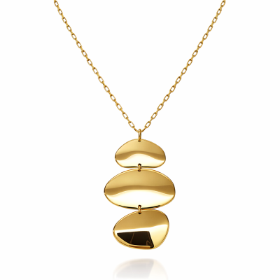 Colar dourado com três pendentes lisos em forma orgânica e corrente fina