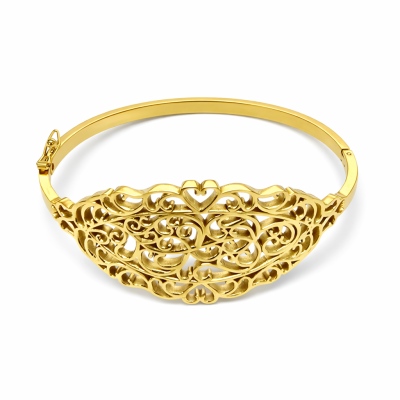 Pulseira dourada com design floral trabalhado e fecho articulado