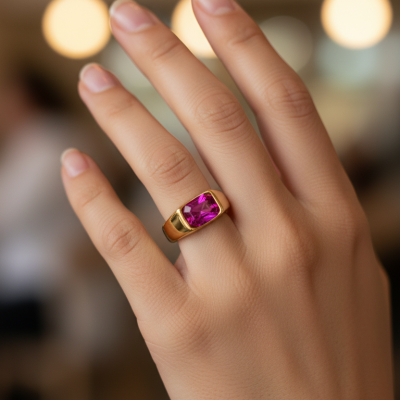 Mão com anel de ouro com pedra rosa retangular