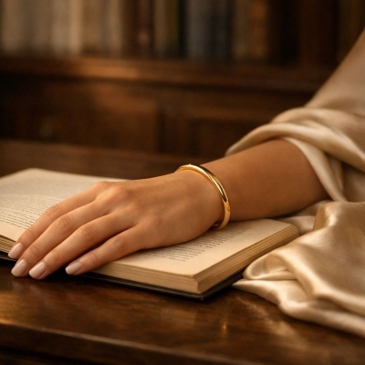 Pulseira rígida dourada numa mão feminina sobre livro aberto e mesa de madeira escura.
