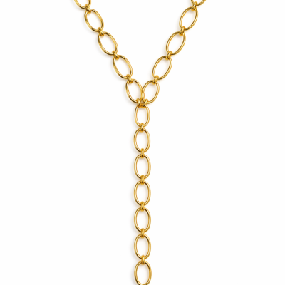 Colar dourado em metal com elos ovais formando um Y