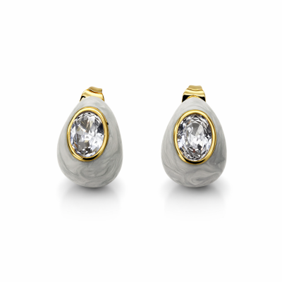 Brincos com pedra oval transparente, base cinza marmoreada e detalhes dourados