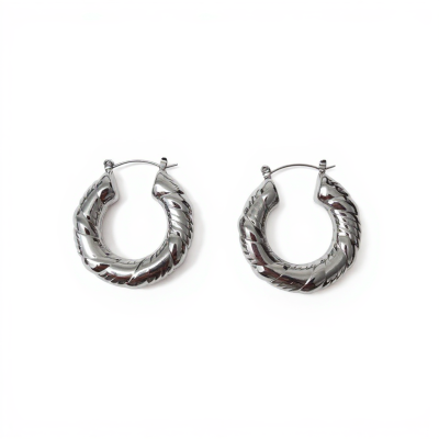 Par de brincos de argola torcidos em metal prateado sobre fundo branco