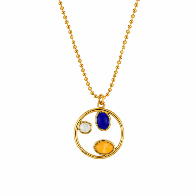 Colar dourado com pendente circular e pedras coloridas