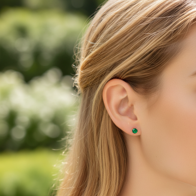 Brinco verde redondo em orelha feminina com cabelo loiro