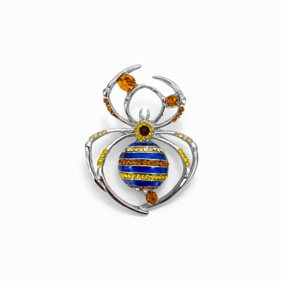 Broche aranha metal prateado com pedras coloridas amarelas, laranja e azuis